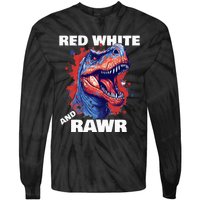 Dinosaur Red White Rawr American Flag 4th of July T Rex Tie-Dye Long Sleeve Shirt