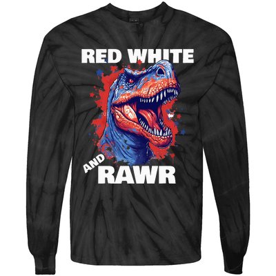 Dinosaur Red White Rawr American Flag 4th of July T Rex Tie-Dye Long Sleeve Shirt