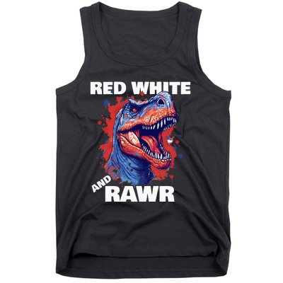 Dinosaur Red White Rawr American Flag 4th of July T Rex Tank Top