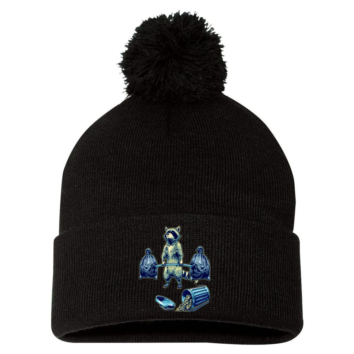 Deadlifting Raccoon Weightlifting Bodybuilding Fitness Gym Pom Pom 12in Knit Beanie