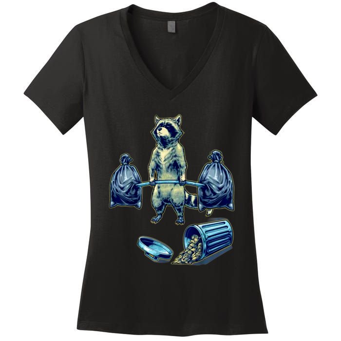 Deadlifting Raccoon Weightlifting Bodybuilding Fitness Gym Women's V-Neck T-Shirt