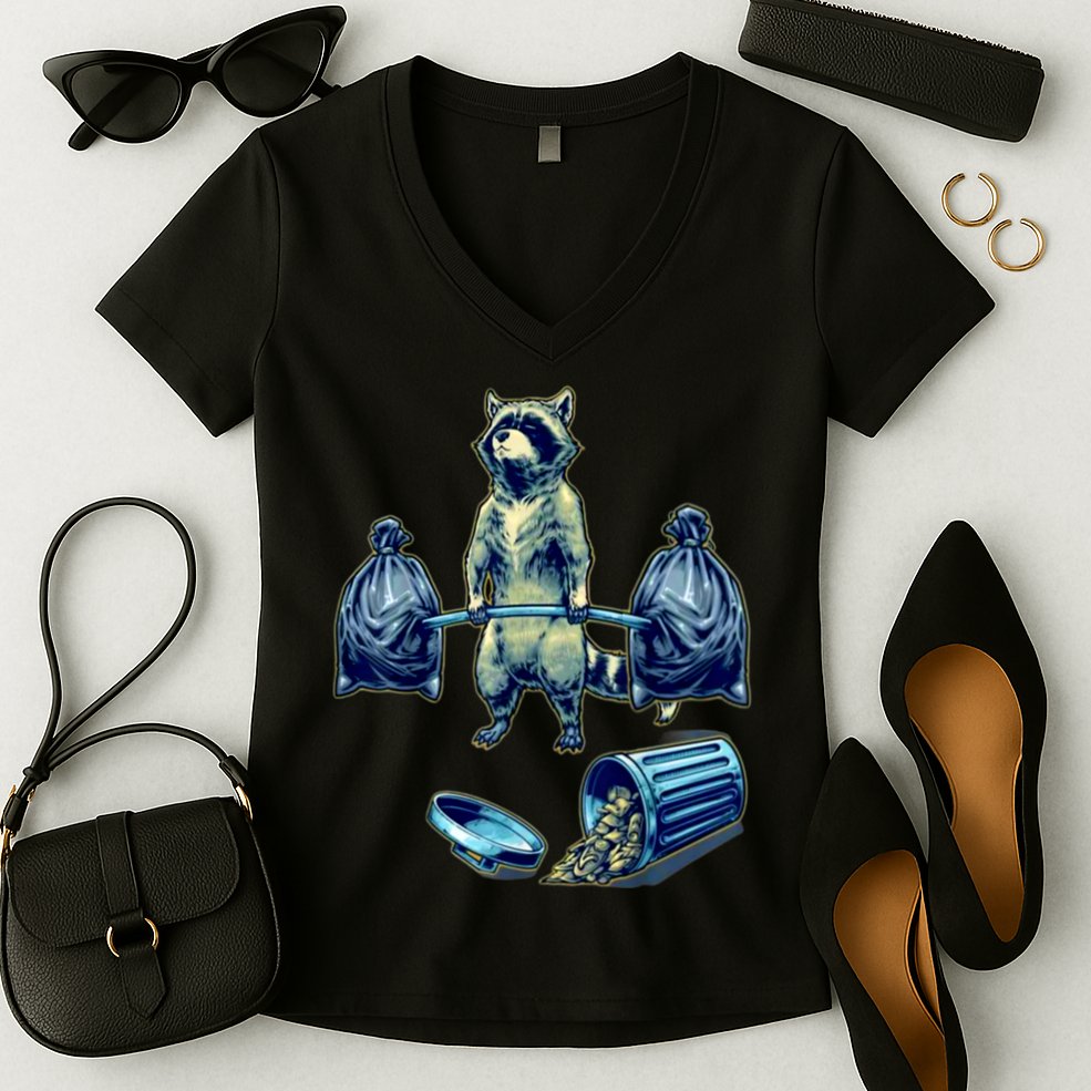 Deadlifting Raccoon Weightlifting Bodybuilding Fitness Gym Women's V-Neck T-Shirt