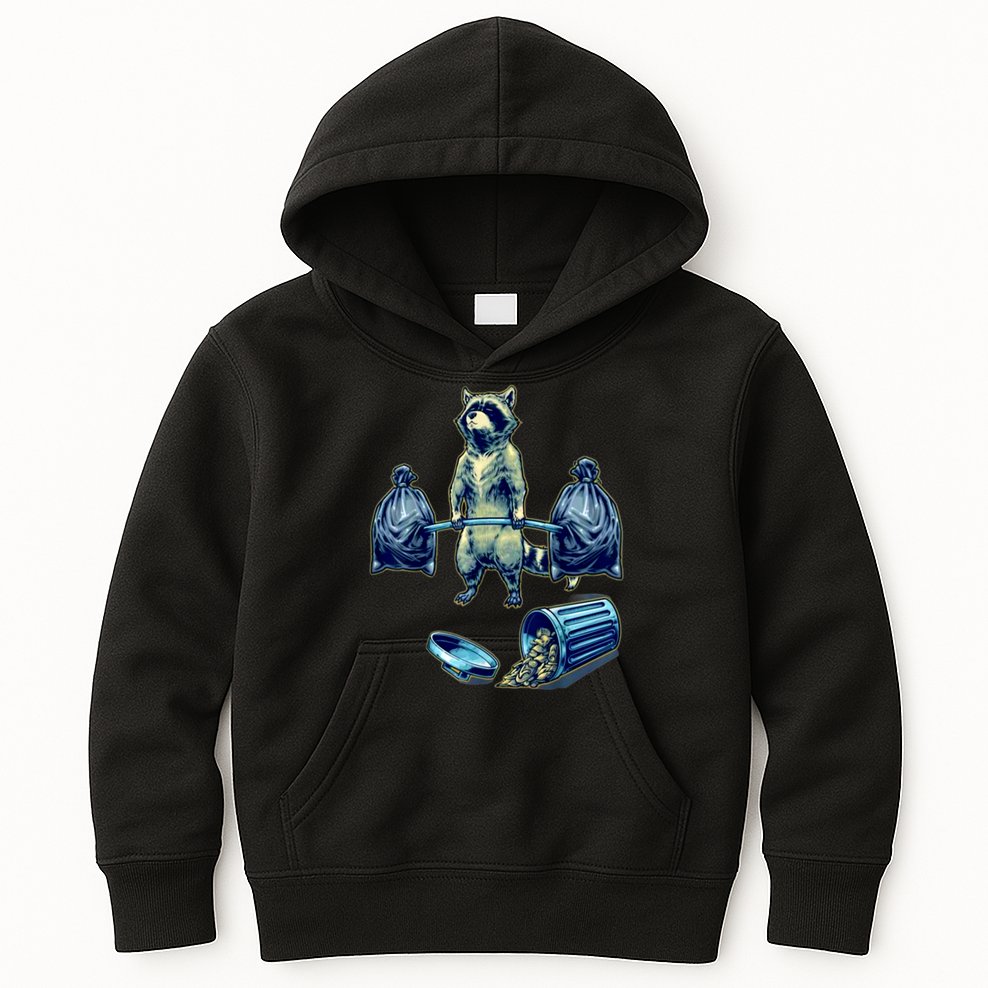 Deadlifting Raccoon Weightlifting Bodybuilding Fitness Gym Kids Hoodie