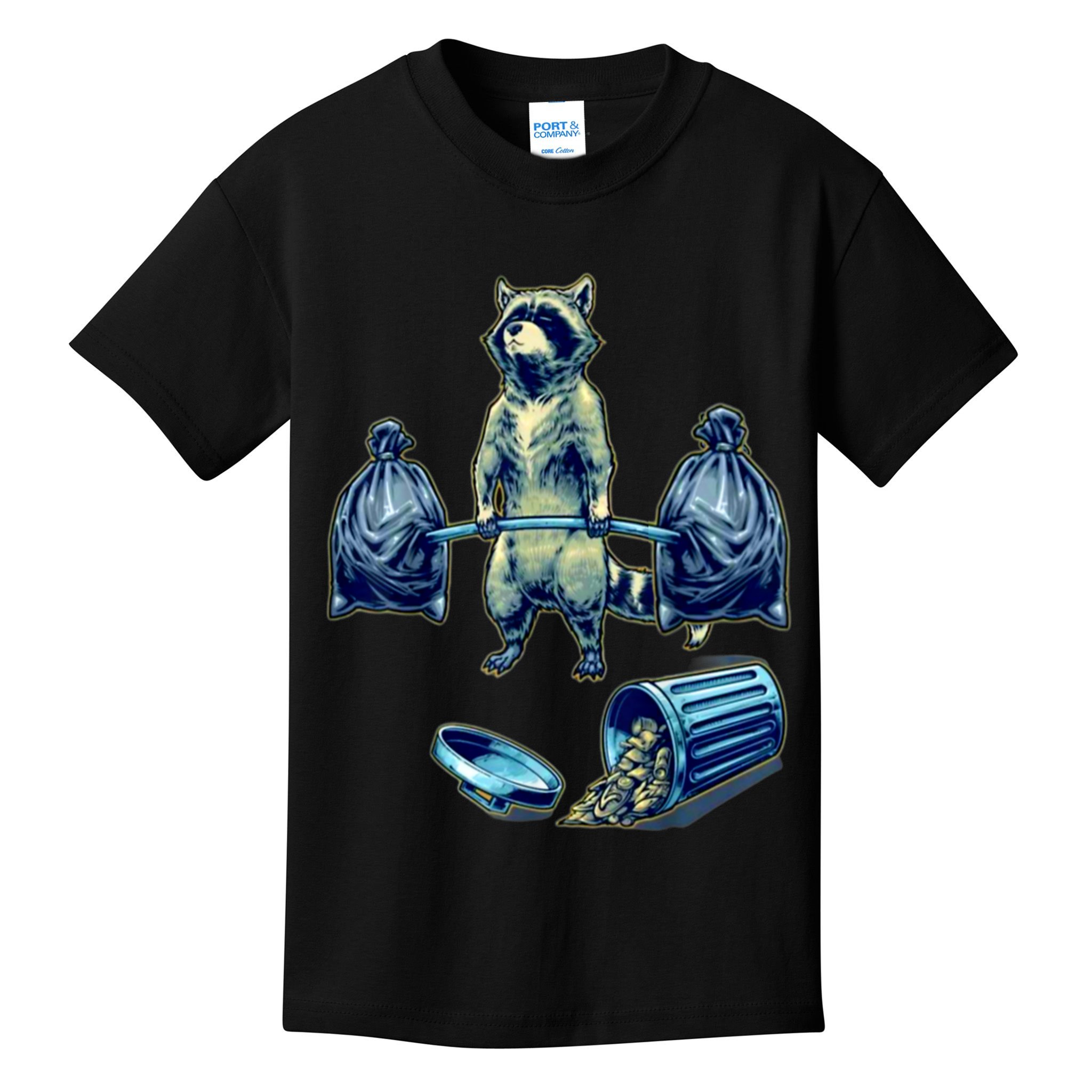 Deadlifting Raccoon Weightlifting Bodybuilding Fitness Gym Kids T-Shirt