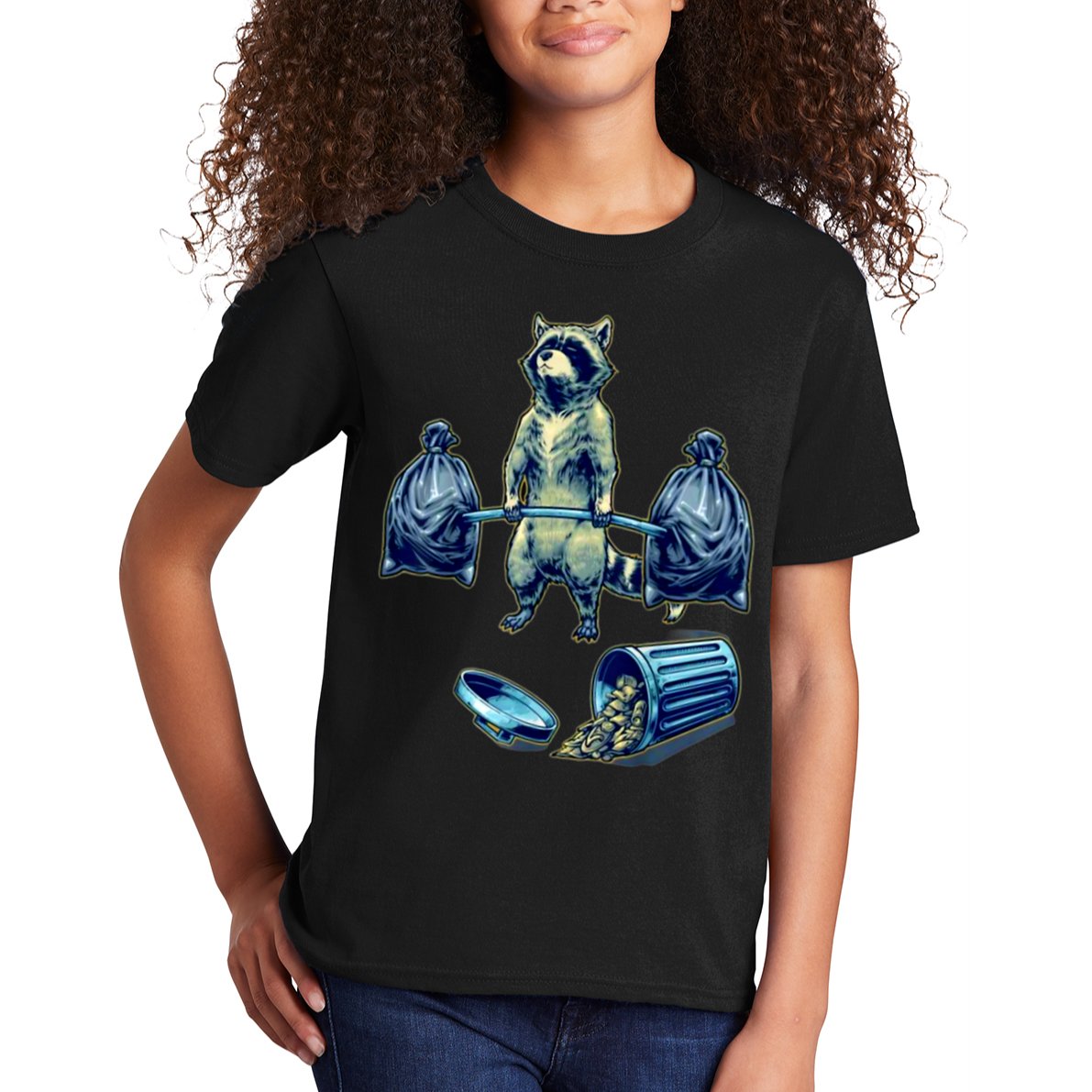 Deadlifting Raccoon Weightlifting Bodybuilding Fitness Gym Kids T-Shirt