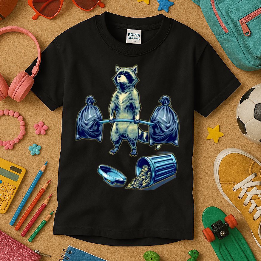 Deadlifting Raccoon Weightlifting Bodybuilding Fitness Gym Kids T-Shirt