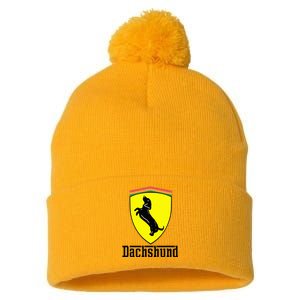 Dachshund Racing Yellow Pom Pom 12in Knit Beanie