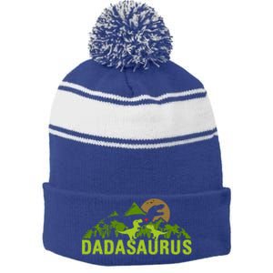 Dada Saurus 2 Dad Dinosaur Xmas Dadasaurus Fathers Day Gift Stripe Pom Pom Beanie