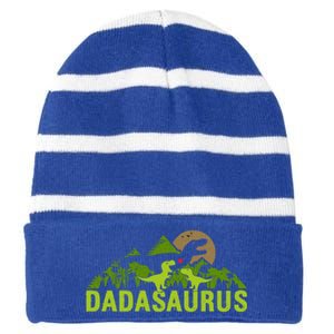 Dada Saurus 2 Dad Dinosaur Xmas Dadasaurus Fathers Day Gift Striped Beanie with Solid Band