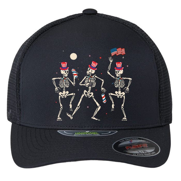 Dancing Skeleton 4th Of July American Flag Skellies Flexfit Unipanel Trucker Cap