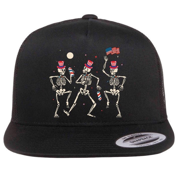 Dancing Skeleton 4th Of July American Flag Skellies Flat Bill Trucker Hat