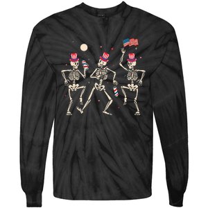 Dancing Skeleton 4th Of July American Flag Skellies Tie-Dye Long Sleeve Shirt