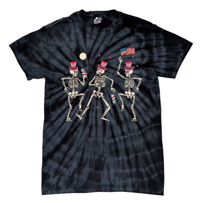 Dancing Skeleton 4th Of July American Flag Skellies Tie-Dye T-Shirt