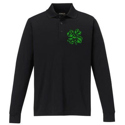 Dinosaur Shamrock 4 Leaf Clover St Patricks Day Performance Long Sleeve Polo