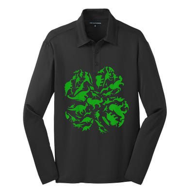 Dinosaur Shamrock 4 Leaf Clover St Patricks Day Silk Touch Performance Long Sleeve Polo