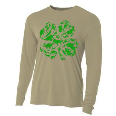 Dinosaur Shamrock 4 Leaf Clover St Patricks Day Cooling Performance Long Sleeve Crew