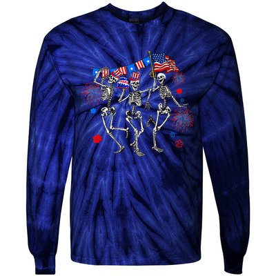 Dancing Skeleton 4th Of July American Flag Skellies Tie-Dye Long Sleeve Shirt