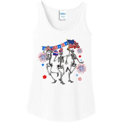 Dancing Skeleton 4th Of July American Flag Skellies Ladies Essential Tank