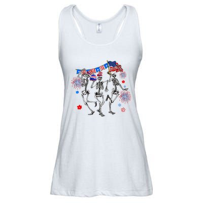 Dancing Skeleton 4th Of July American Flag Skellies Ladies Essential Flowy Tank