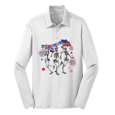 Dancing Skeleton 4th Of July American Flag Skellies Silk Touch Performance Long Sleeve Polo