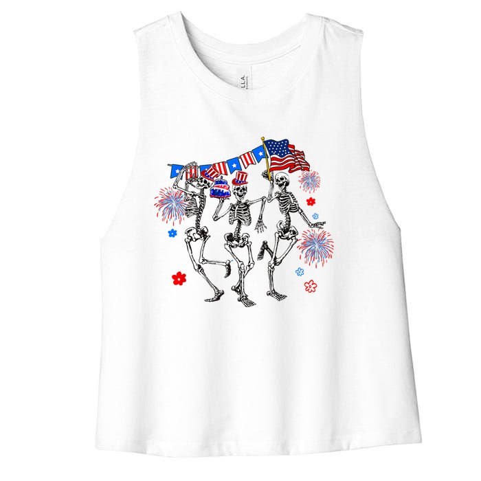 Dancing Skeleton 4th Of July American Flag Skellies Women's Racerback Cropped Tank