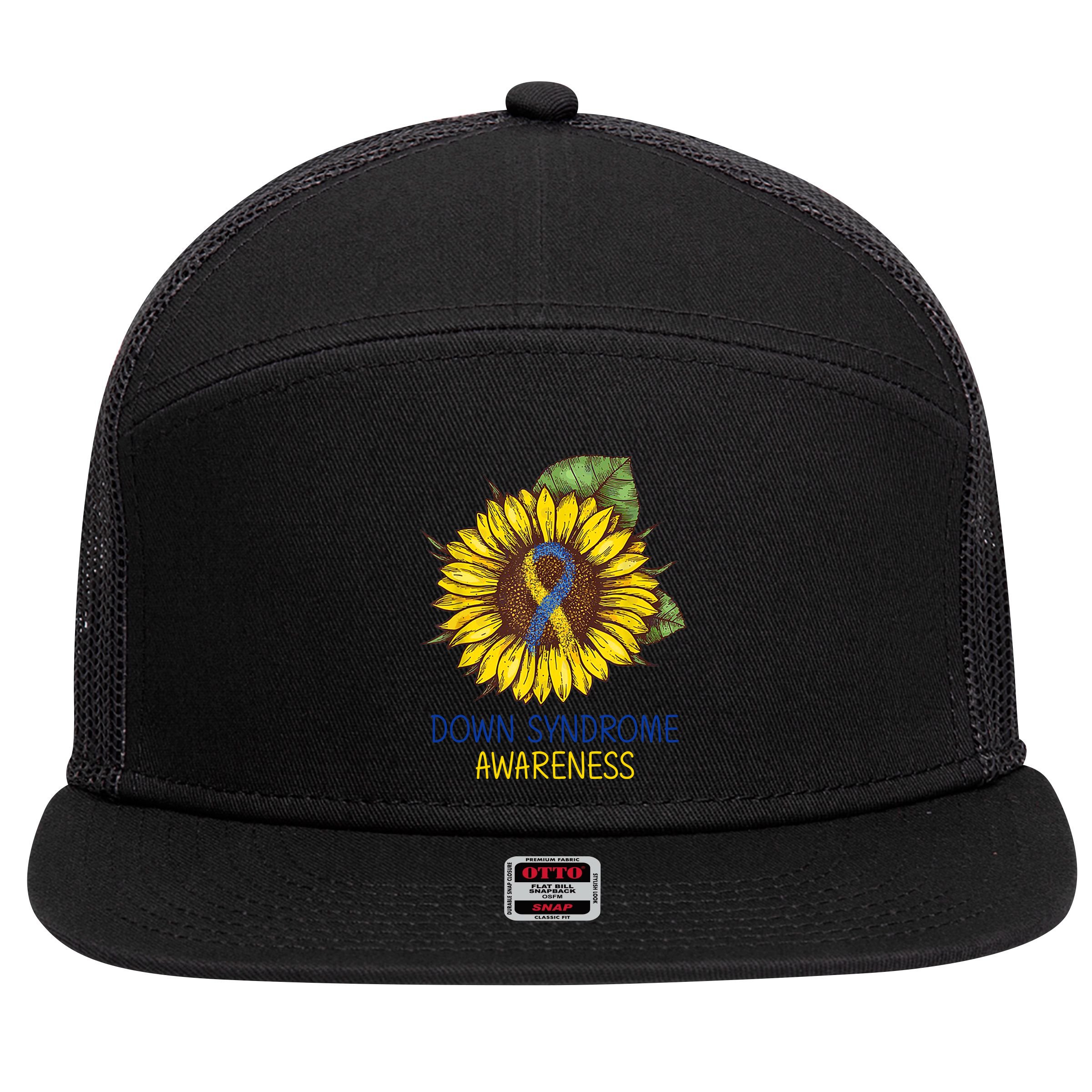 Down Syndrome Awareness Sunflower Ribbon 7 Panel Mesh Trucker Snapback Hat