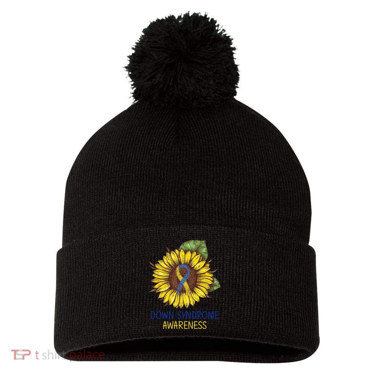 Down Syndrome Awareness Sunflower Ribbon Pom Pom 12in Knit Beanie