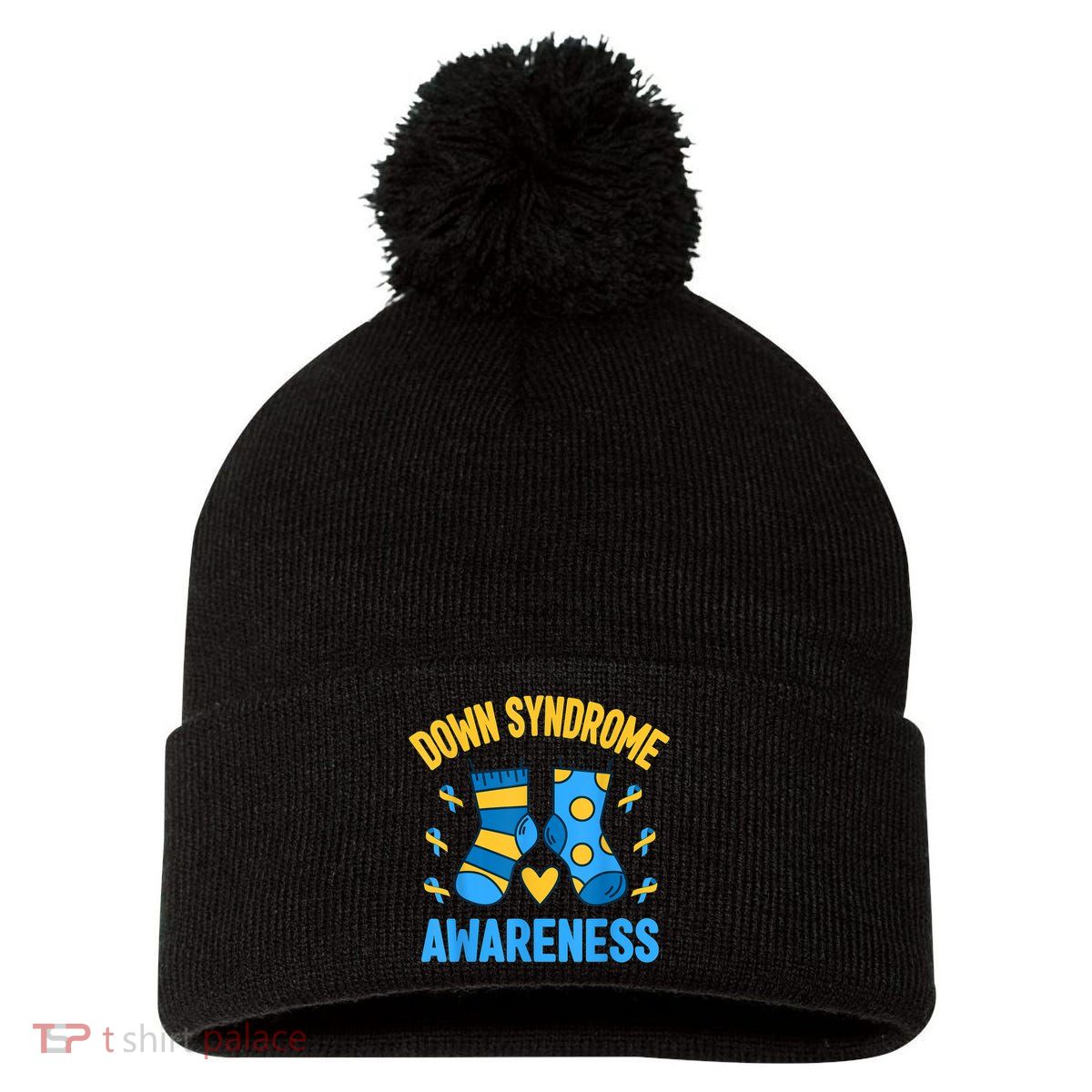 Down Syndrome Awareness Socks T21 Blue Yellow Ribbon Pom Pom 12in Knit Beanie