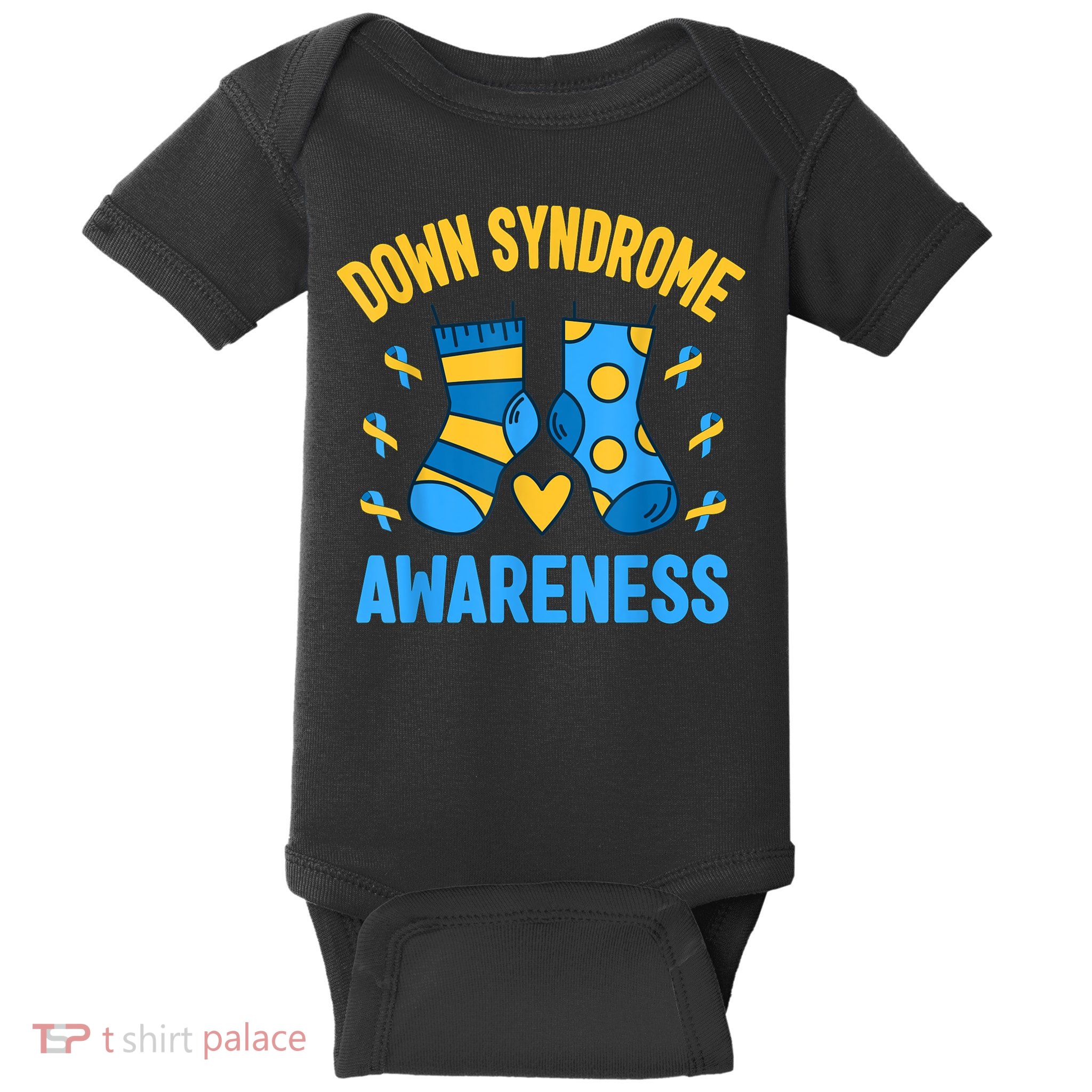 Down Syndrome Awareness Socks T21 Blue Yellow Ribbon Baby Bodysuit
