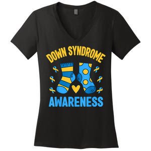 Down Syndrome Awareness Socks T21 Blue Yellow Ribbon Women's V-Neck T-Shirt