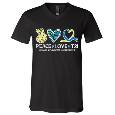 Down Syndrome Awareness Peace Love T21 WDSD V-Neck T-Shirt