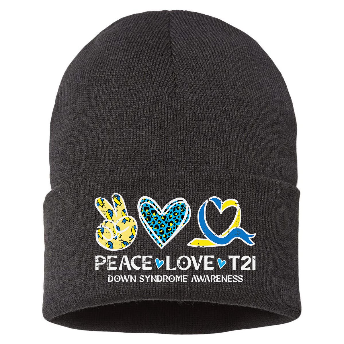 Down Syndrome Awareness Peace Love T21 WDSD Sustainable Knit Beanie