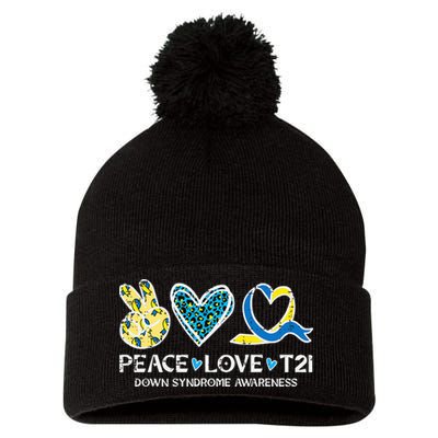 Down Syndrome Awareness Peace Love T21 WDSD Pom Pom 12in Knit Beanie