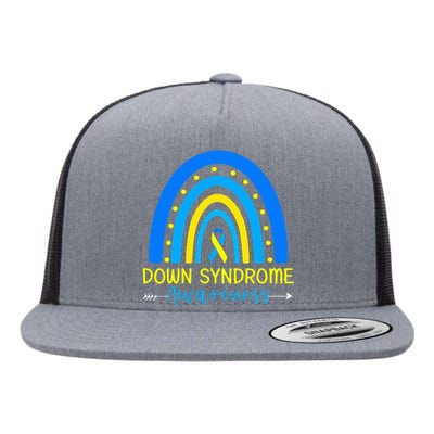 Down Syndrome Awareness Ribbon Boho Rainbow Yellow Blue Flat Bill Trucker Hat