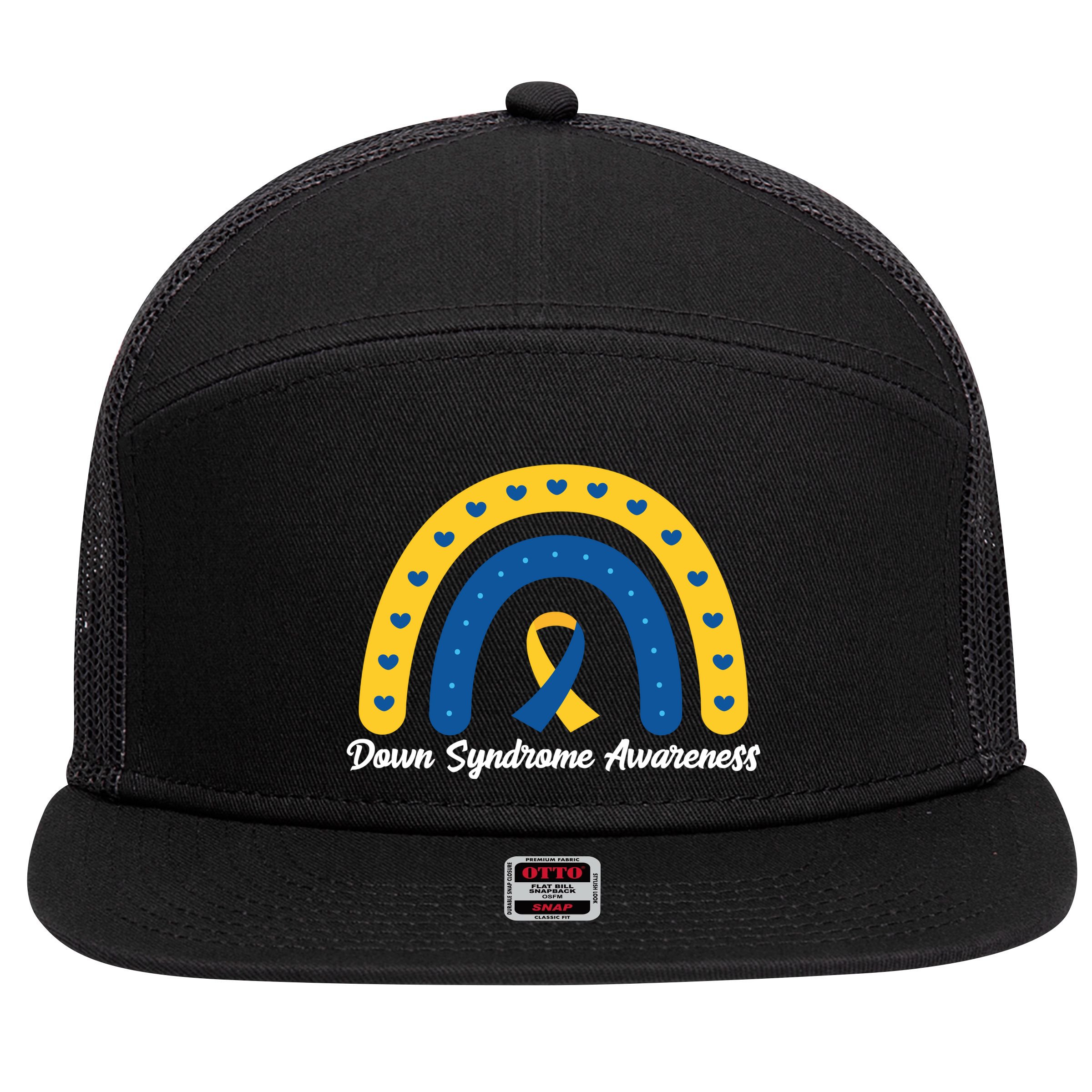 Down Syndrome Awareness Rainbow Ribbon 7 Panel Mesh Trucker Snapback Hat