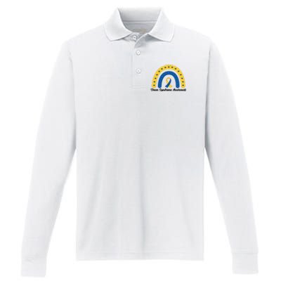 Down Syndrome Awareness Rainbow Ribbon Performance Long Sleeve Polo