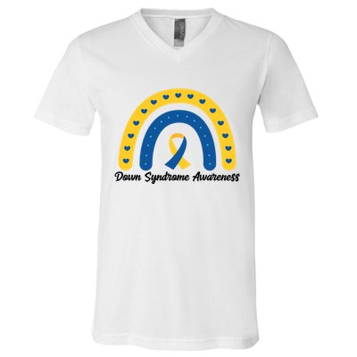 Down Syndrome Awareness Rainbow Ribbon V-Neck T-Shirt