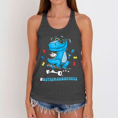 Dinosaur Skateboarding Autism Awareness Choose Kindness Women's Knotted Racerback Tank