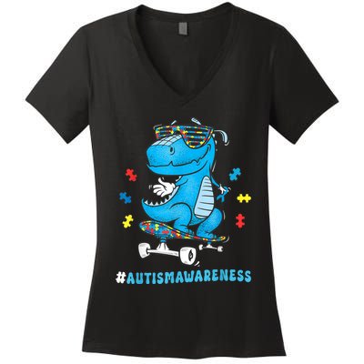 Dinosaur Skateboarding Autism Awareness Choose Kindness Women's V-Neck T-Shirt