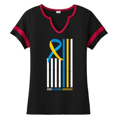 Down Syndrome Awareness Ribbon Flag Ladies Halftime Notch Neck Tee