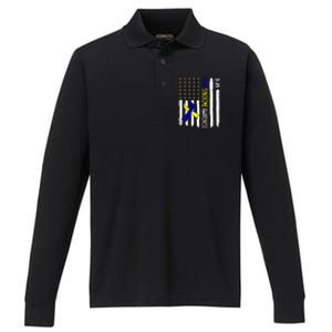 Down Syndrome Awareness Us Flag Trisomy 21 Performance Long Sleeve Polo