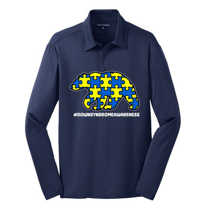 Down Syndrome Awareness Bear Silk Touch Performance Long Sleeve Polo