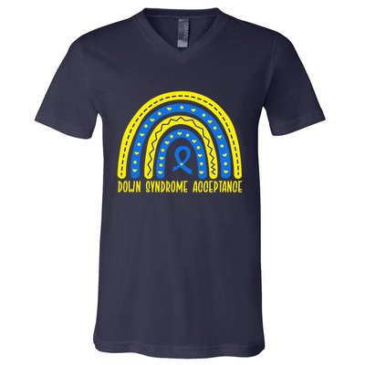 Down Syndrome Acceptance Rainbow Ribbon  V-Neck T-Shirt