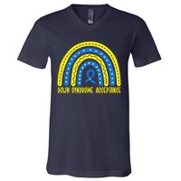 Down Syndrome Acceptance Rainbow Ribbon  V-Neck T-Shirt