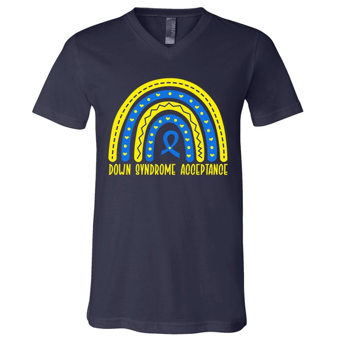 Down Syndrome Acceptance Rainbow Ribbon  V-Neck T-Shirt