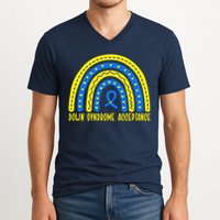Down Syndrome Acceptance Rainbow Ribbon  V-Neck T-Shirt