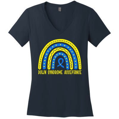 Down Syndrome Acceptance Rainbow Ribbon  Women's V-Neck T-Shirt