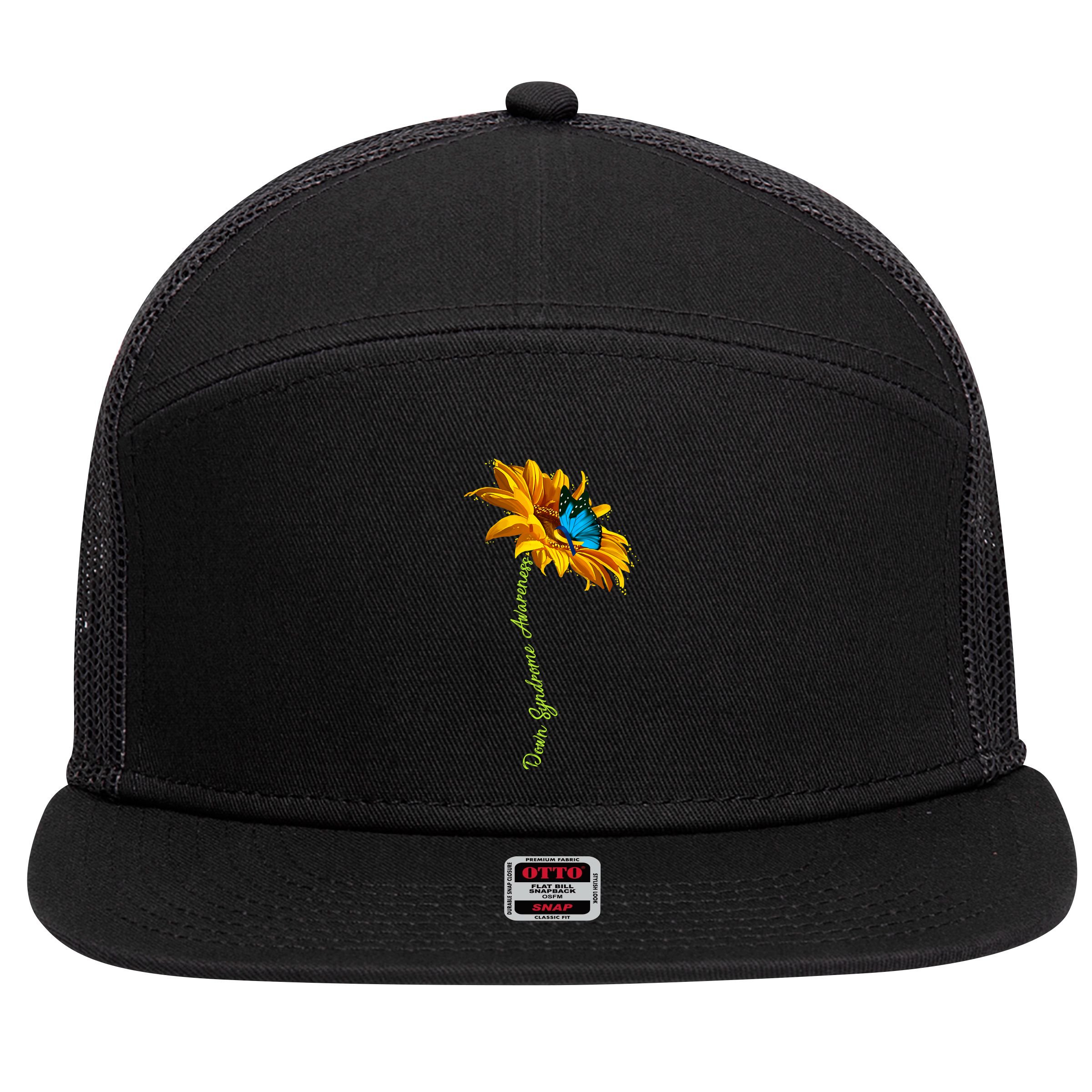 Down Syndrome Awareness Butterfly Sunflower 7 Panel Mesh Trucker Snapback Hat