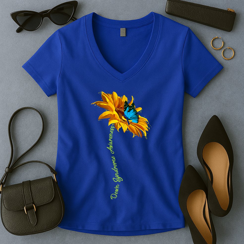 Down Syndrome Awareness Butterfly Sunflower Women's V-Neck T-Shirt