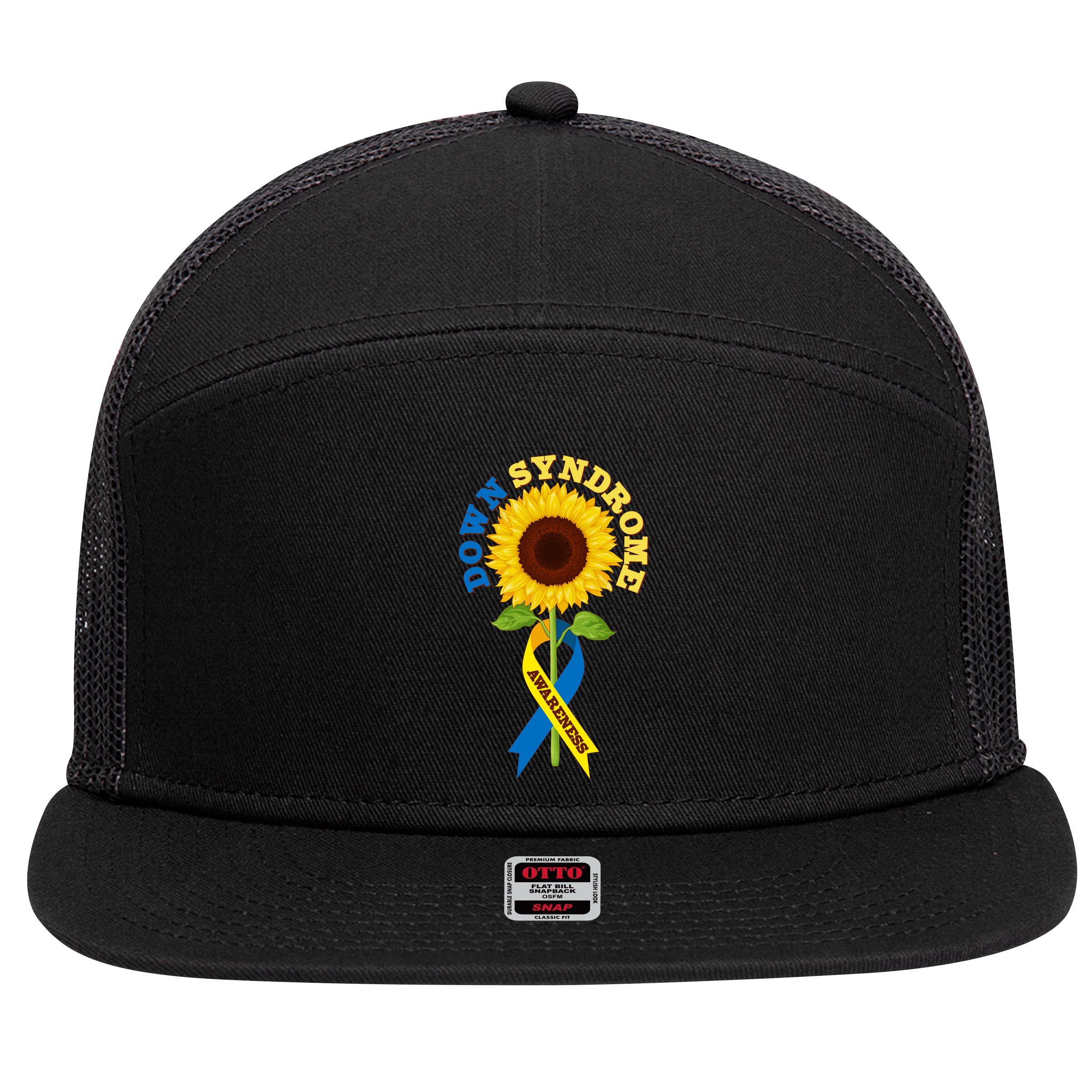 Down Syndrome Awareness Sunflower Ribbon 7 Panel Mesh Trucker Snapback Hat